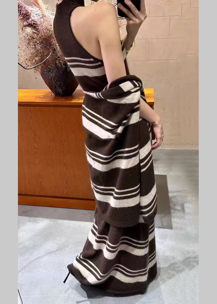 Brown Striped Cardigans and Sweater Dress Knit Two Pieces Set Fall