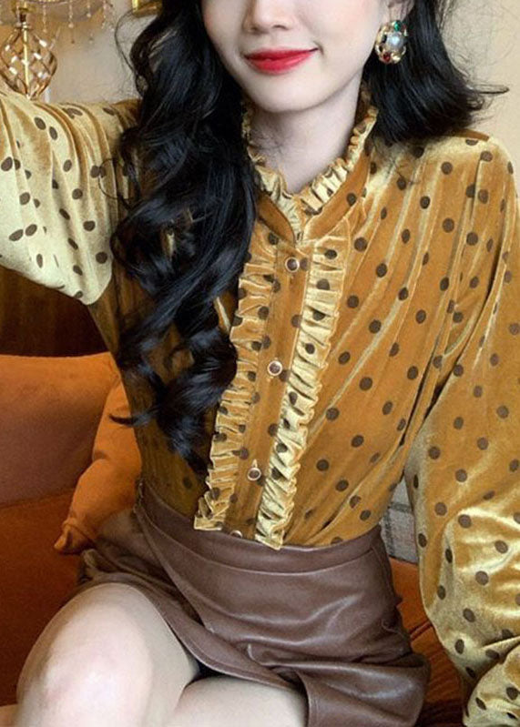 Ruffled Patchwork Dot Print Button Silk Velour Shirt Long Sleeve
