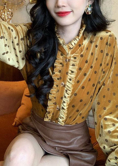 Ruffled Patchwork Dot Print Button Silk Velour Shirt Long Sleeve