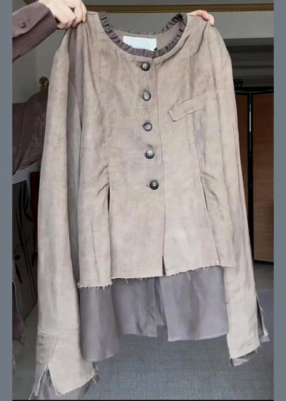 New Grey O Neck Ruffled Cotton Two Piece Set Long Sleeve