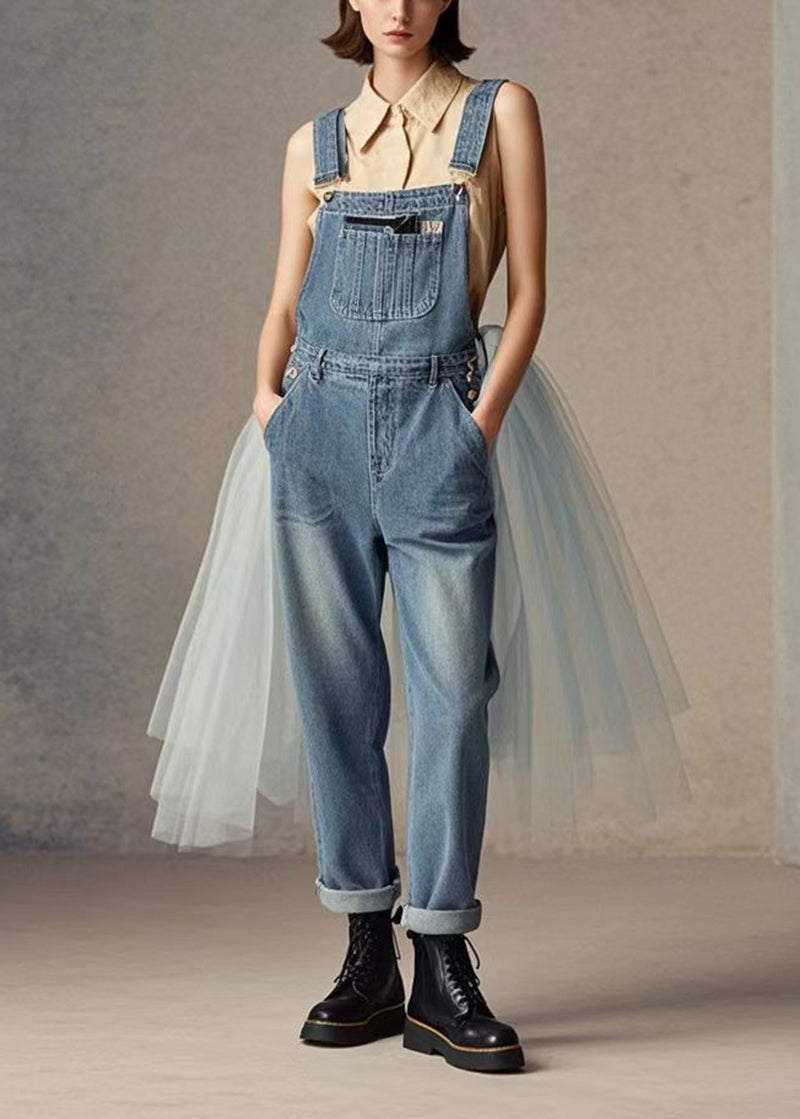Blue Tulle Patchwork Denim Jumpsuit Spring