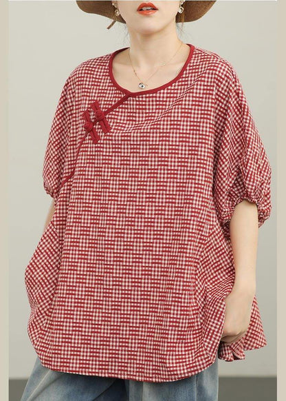 Red Plaid Batwing Sleeve Cotton Summer Blouses