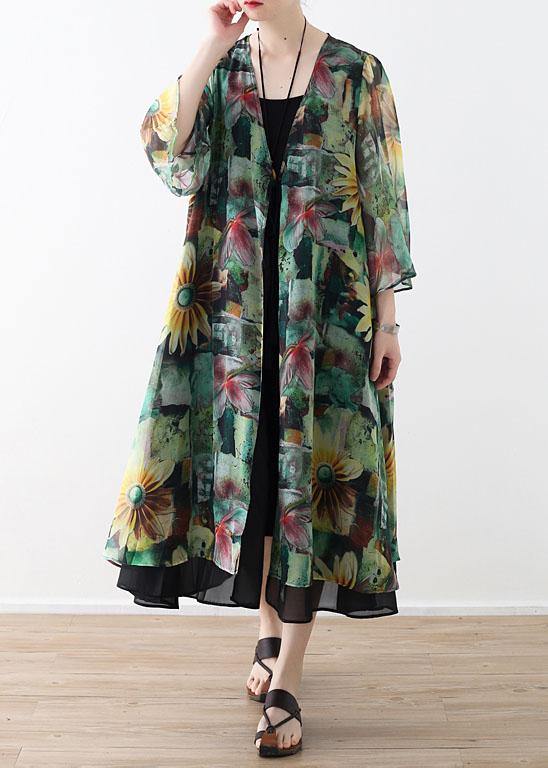 Green Print Long Sleeve Chiffon Long Cardigan