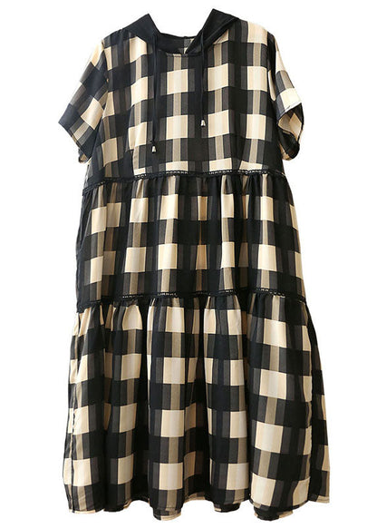 Black Beige Plaid Drawstring Hooded Patchwork Cotton Pullover Dress Short Sleeve