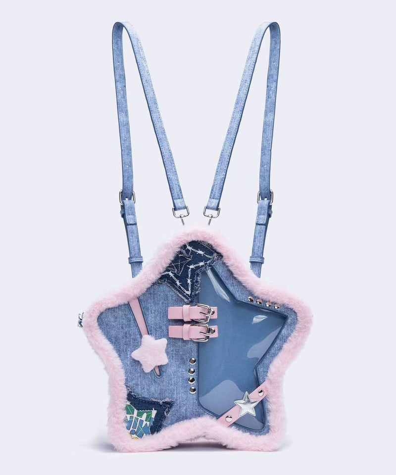 Blue Star Shaped Patchwork Denim Backpack Bag