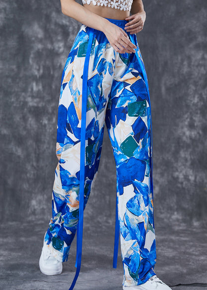 Blue Print Cotton Straight Pants Elastic Waist Fall