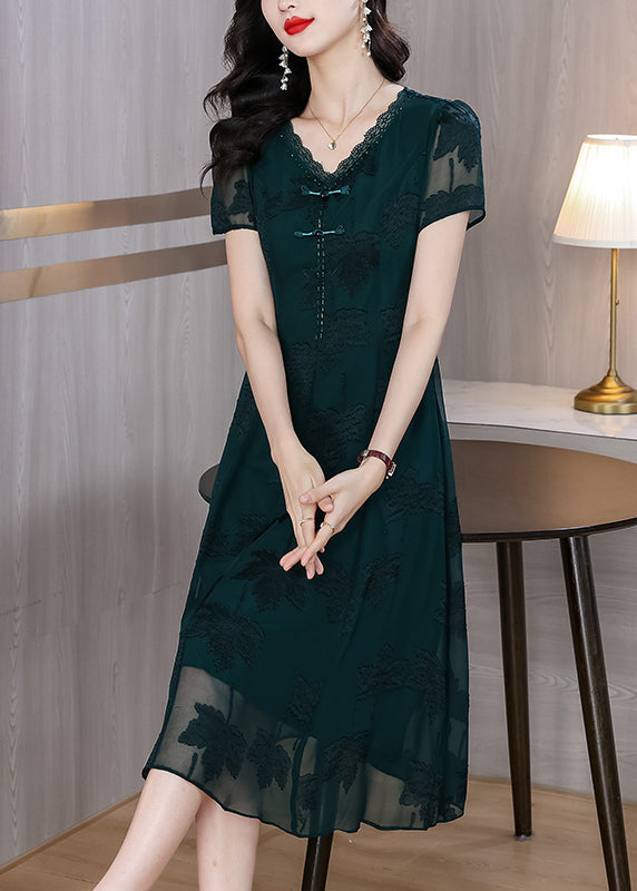 Blackish Green V Neck Embroidered Chiffon Long Dress Summer