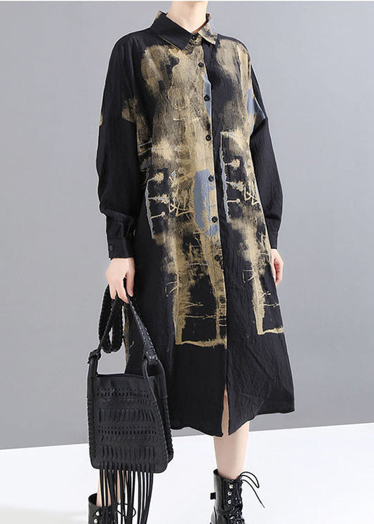 Handmade Black Low High Design Peter Pan Collar Print Shirt Dress Spring