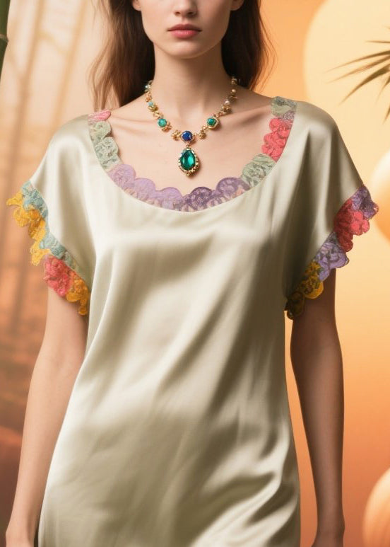 Apricot Oversized Patchwork Lace Silk Tea Dress Summer
