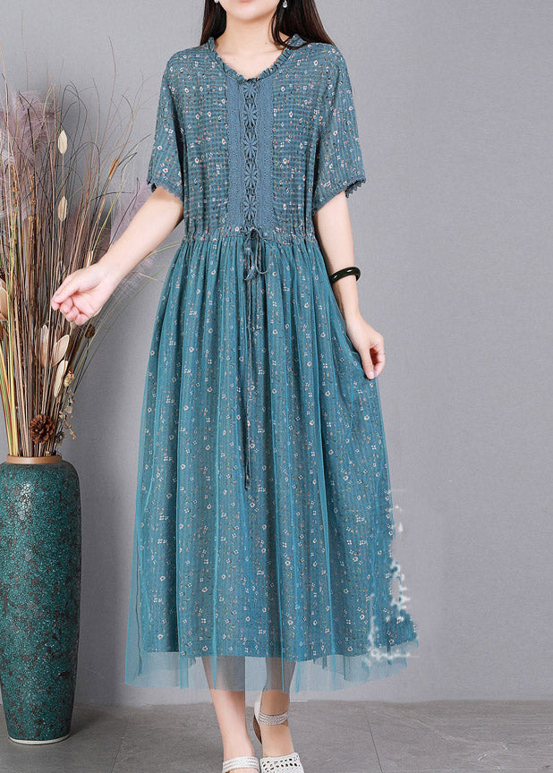 Style Blue Embroideried Ruffles Tulle Long Dresses Short Sleeve