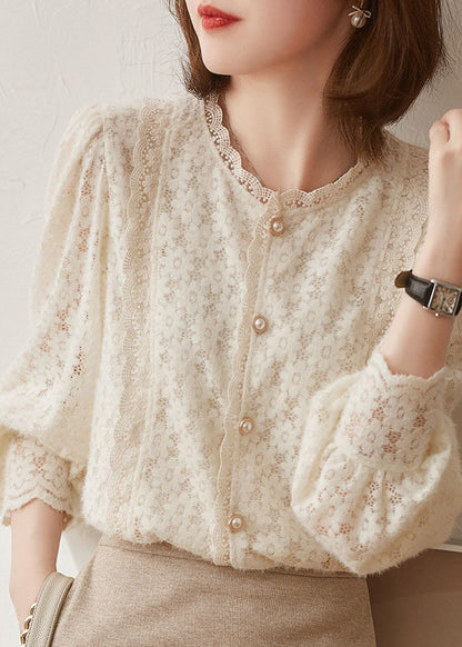 Beige Hollow Out Button Lace Patchwork Tops Lantern Sleeve