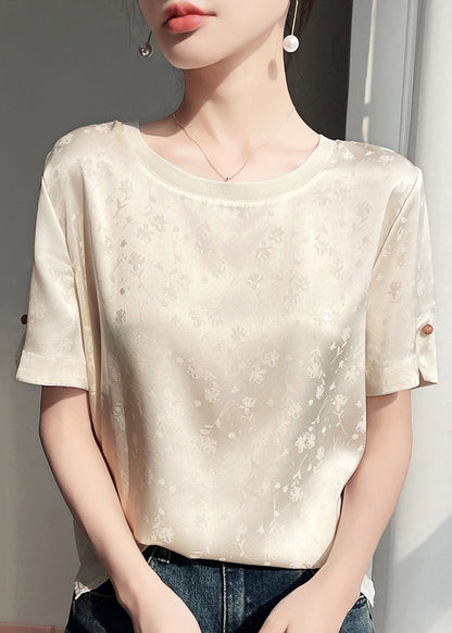 Beige Jacquard Original Design Silk Blouses Short Sleeve