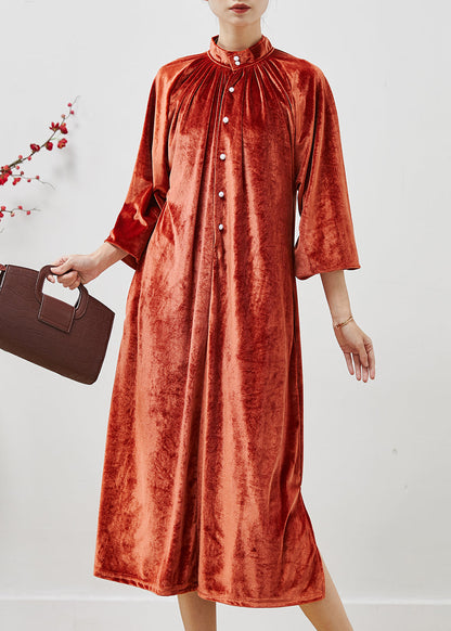 French Orange Stand Collar Silk Velour Long Dresses Fall