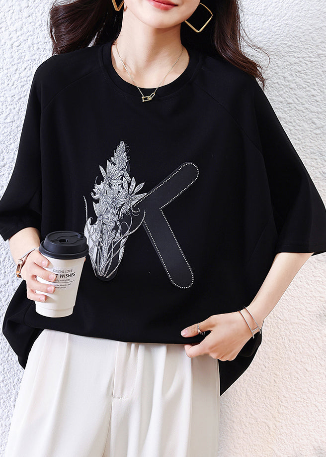 Loose Black O-neck Print Cotton T Shirt Half Sleeve