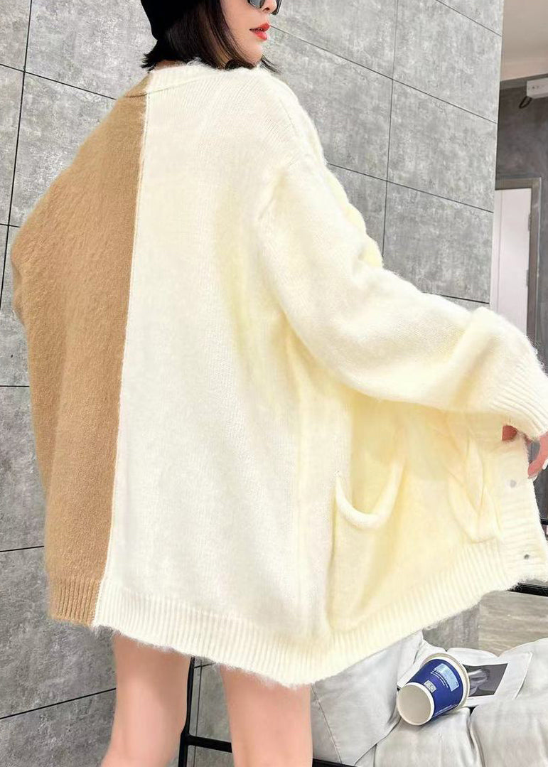Beige V Neck Pockets Button Patchwork Knit Cardigan Spring