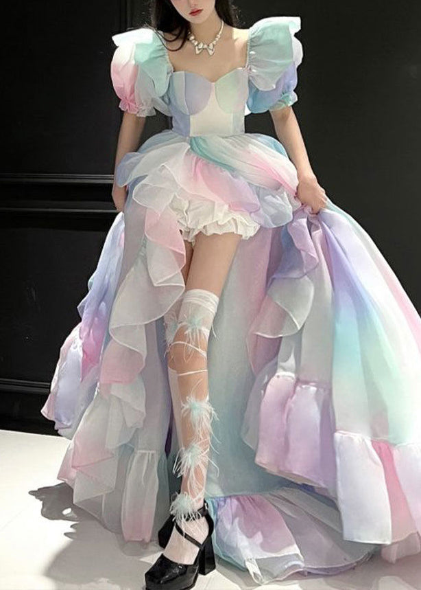 Rainbow Bustier Top Asymmetrical Patchwork Tulle Long Dress Puff Sleeve