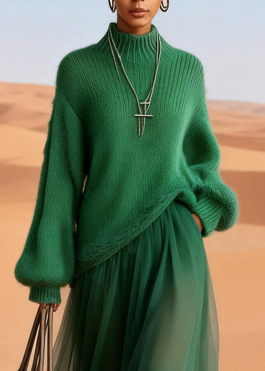 Boutique Green Turtleneck Knit Blended Patchwork Tulle Maxi Dress Lantern Sleeve