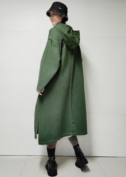 Loose Army Green Hooded Pockets Denim Long Trench Coat Fall