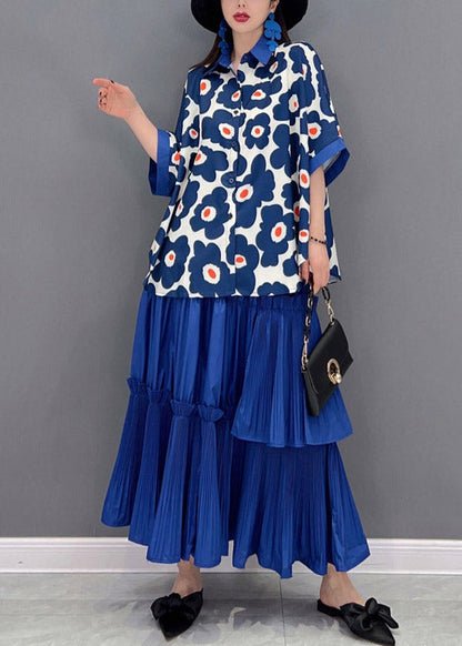 Italian Blue Peter Pan Collar Ruffled Patchwork Print Chiffon Shirts and Skirts Two Pieces Short Sleeve