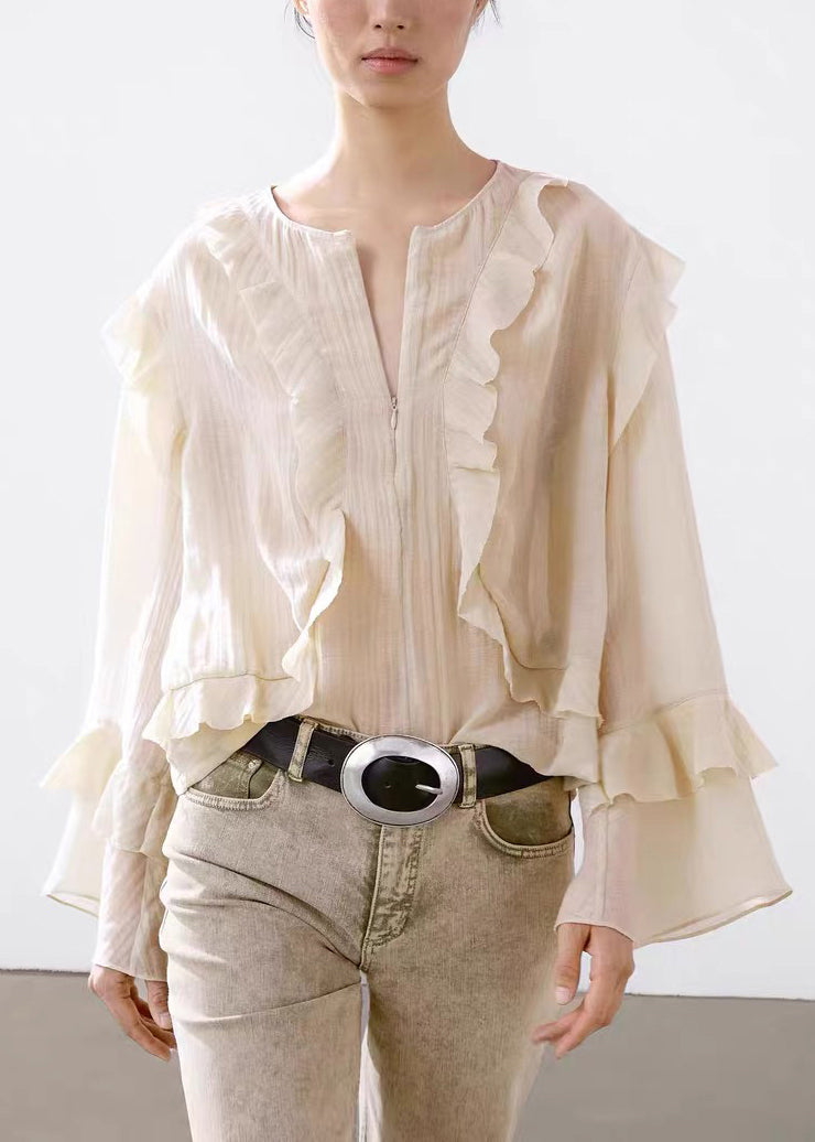 Boutique O-neck Ruffled Patchwork Cotton Blouse Tops Fall