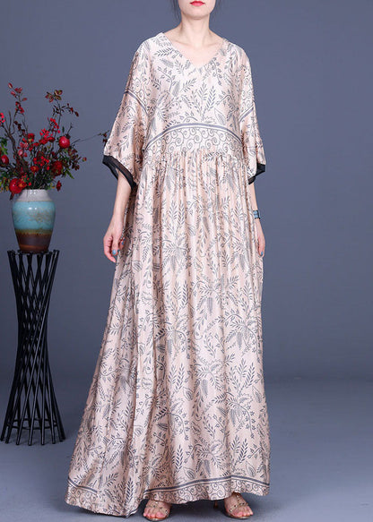 Pink V Neck Silk Maxi Dress Half Sleeve