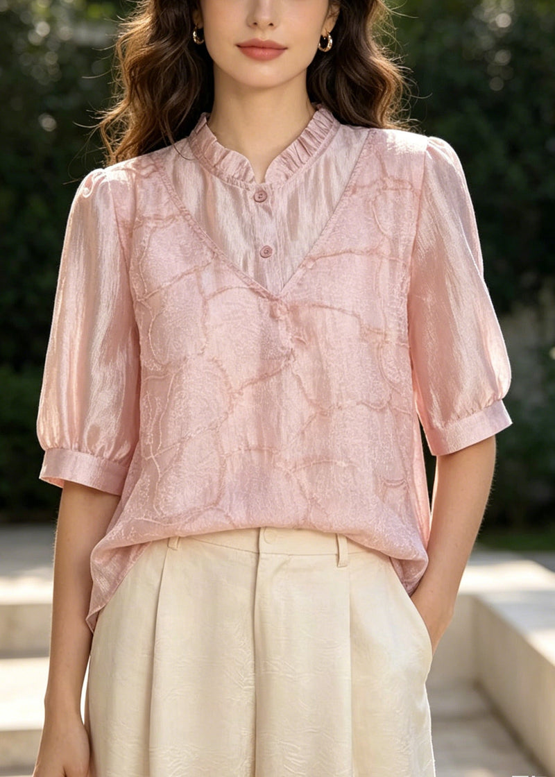 Style Pink Embroidered U Neck Silk Fake Two Piece Shirt Top Summer