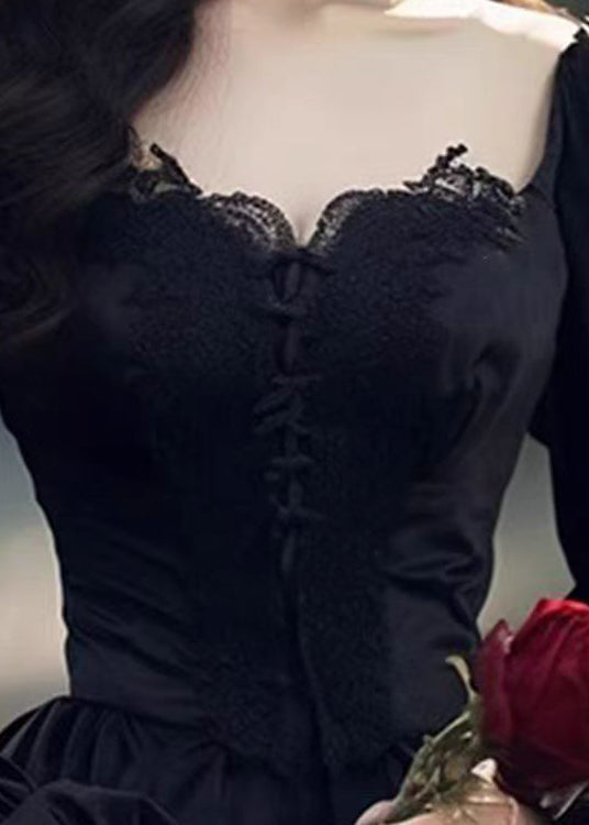 French Black Lace Wrinkled Patchwork Velour Dress Spring