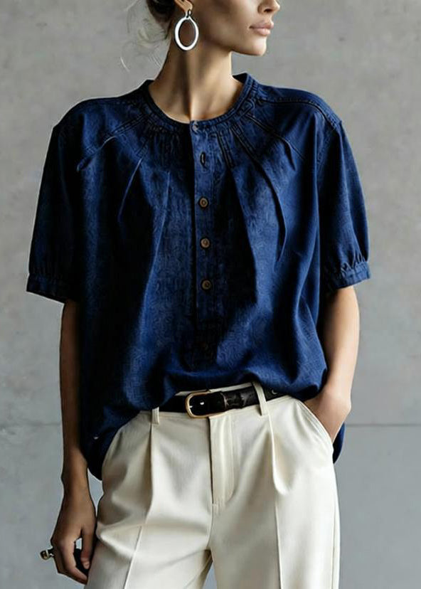 Navy O Neck Button Wrinkled Denim Top Summer