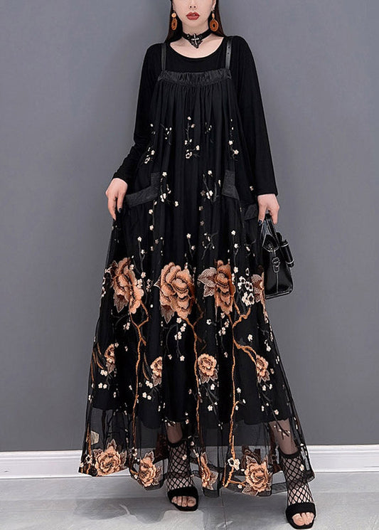Yellow Embroideried Patchwork Tulle Spaghetti Strap Long Dress Two Piece Set Spring