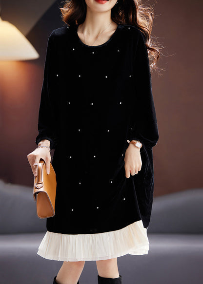 French Black O Neck Zircon Patchwork Velour Dresses Long Sleeve