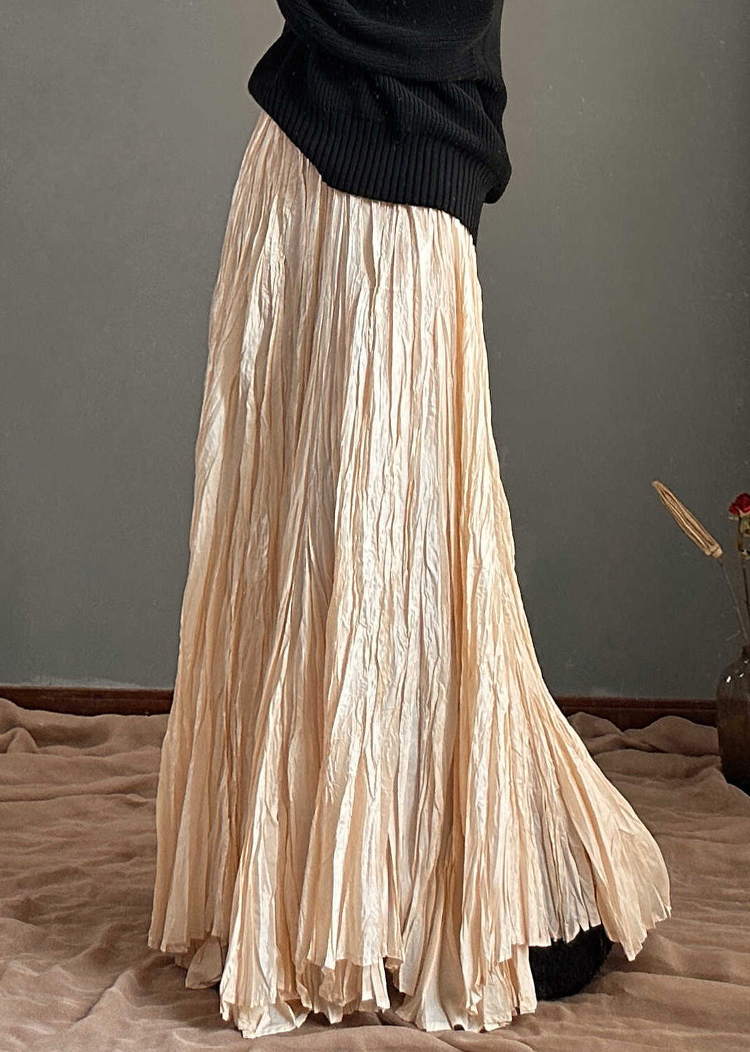 Simple Apricot High Waist Wrinkled a Line Skirt Spring