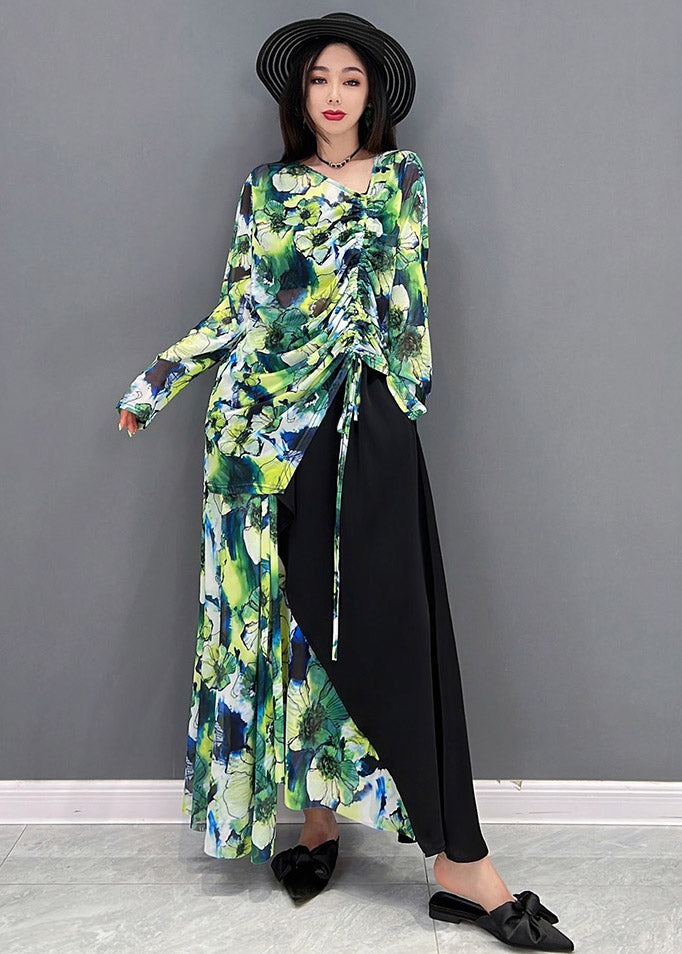 Natural Green V Neck Print Top and Maxi Skirts Two Pieces Set Summer