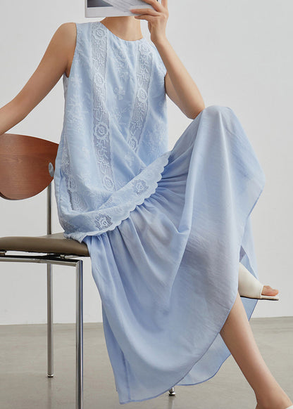 Blue Embroidered Hollow Out Fake Two Pieces Long Dresses Sleeveless