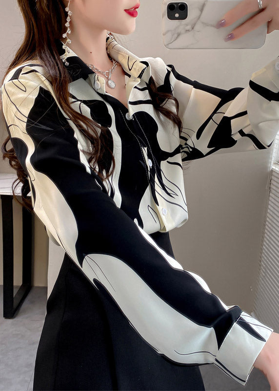 White Peter Pan Collar Print Button Chiffon Shirt Long Sleeve