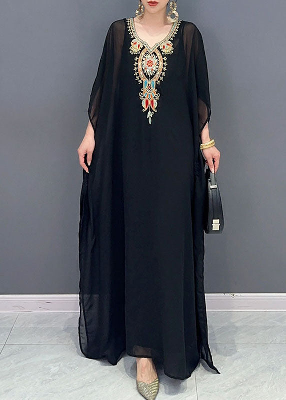 Black V Neck Embroideried Patchwork Tulle Maxi Dresses Long Sleeve