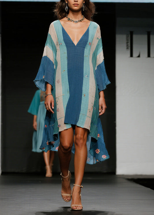 Colorblock V Neck Asymmetrical Cotton Dress Spring