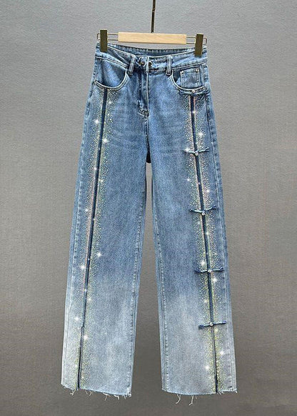 Blue Patchwork Zircon High Waist Wide Leg Jeans Fall
