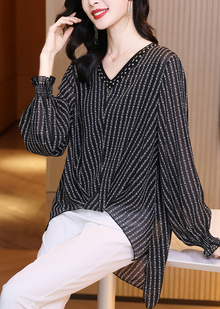 Black V Neck Low High Design Letter Striped Chiffon Top Long Sleeve
