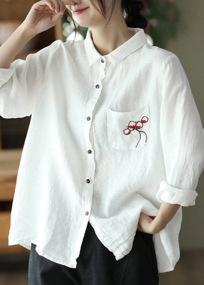 Red Peter Pan Collar Embroideried Button Linen Shirt Long Sleeve