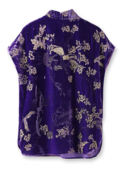 Purple Embroideried Nail Bead Button Silk Velour Shirt Short Sleeve