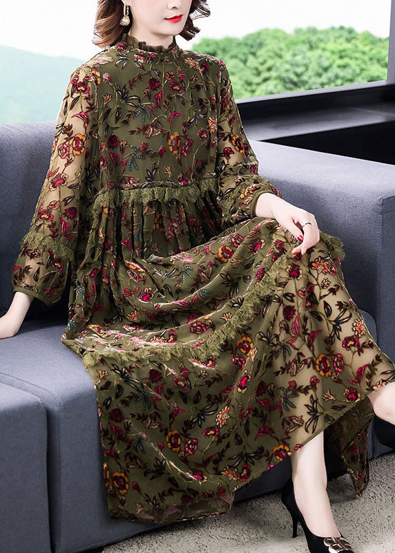 Green Ruffled Patchwork Jacquard Fall Holiday Dress Long Sleeve
