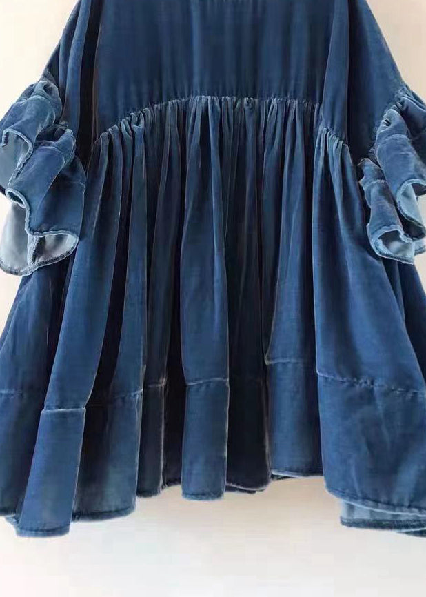 Blue Wrinkled Patchwork Velour Short Dress Butterfly Sleeve