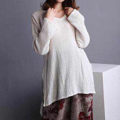 White U Neck Low High Design Linen Shirt Spring
