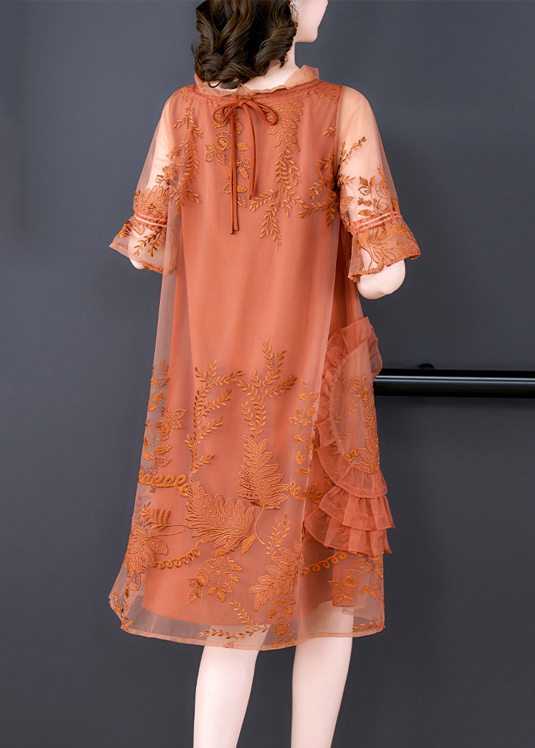 Stylish Orange Print Patchwork Tulle Mid Dresses Summer