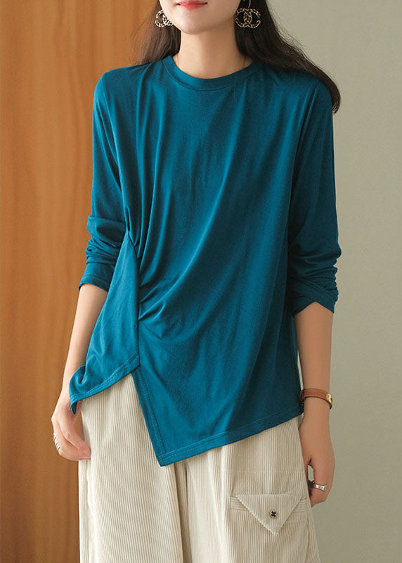 Blue Asymmetrical Design Wrinkled Fall Blouses