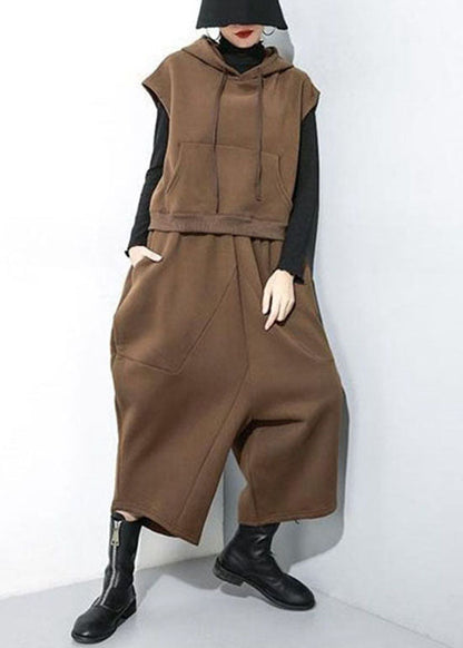 Chocolate Hooded Warm Fleece Two Pieces Set Sleeveless Waistcoat