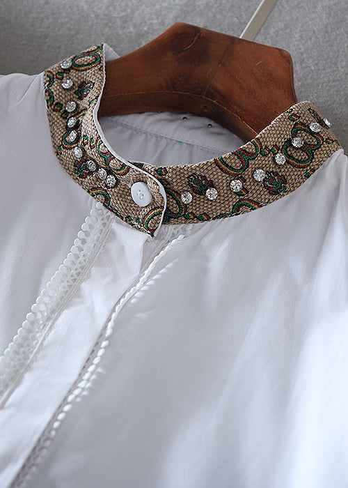 White Embroidered Patchwork Zircon a Line Blouse Top Spring