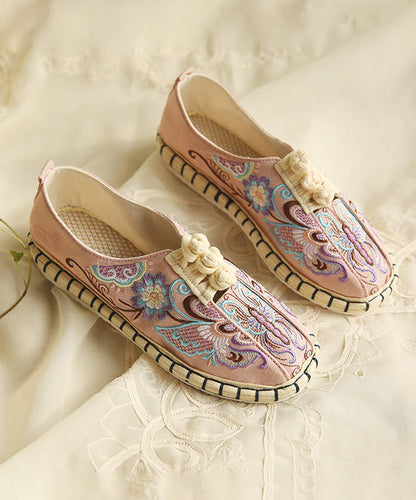 Comfy Flats Embroideried Buckle Strap Pink Linen Fabric Flat Shoes for