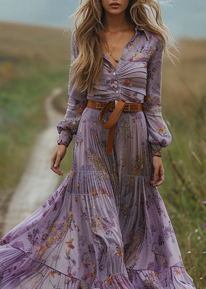 Pastoral Purple V Neck Print Dresses Long Sleeve