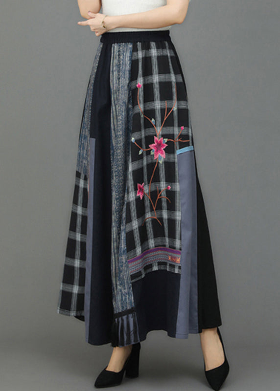Retro Embroideried Pockets Plaid Patchwork Elastic Waist Skirts Fall